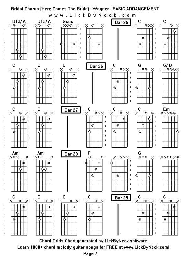 Chord Grids Chart of chord melody fingerstyle guitar song-Bridal Chorus (Here Comes The Bride) - Wagner - BASIC ARRANGEMENT,generated by LickByNeck software.